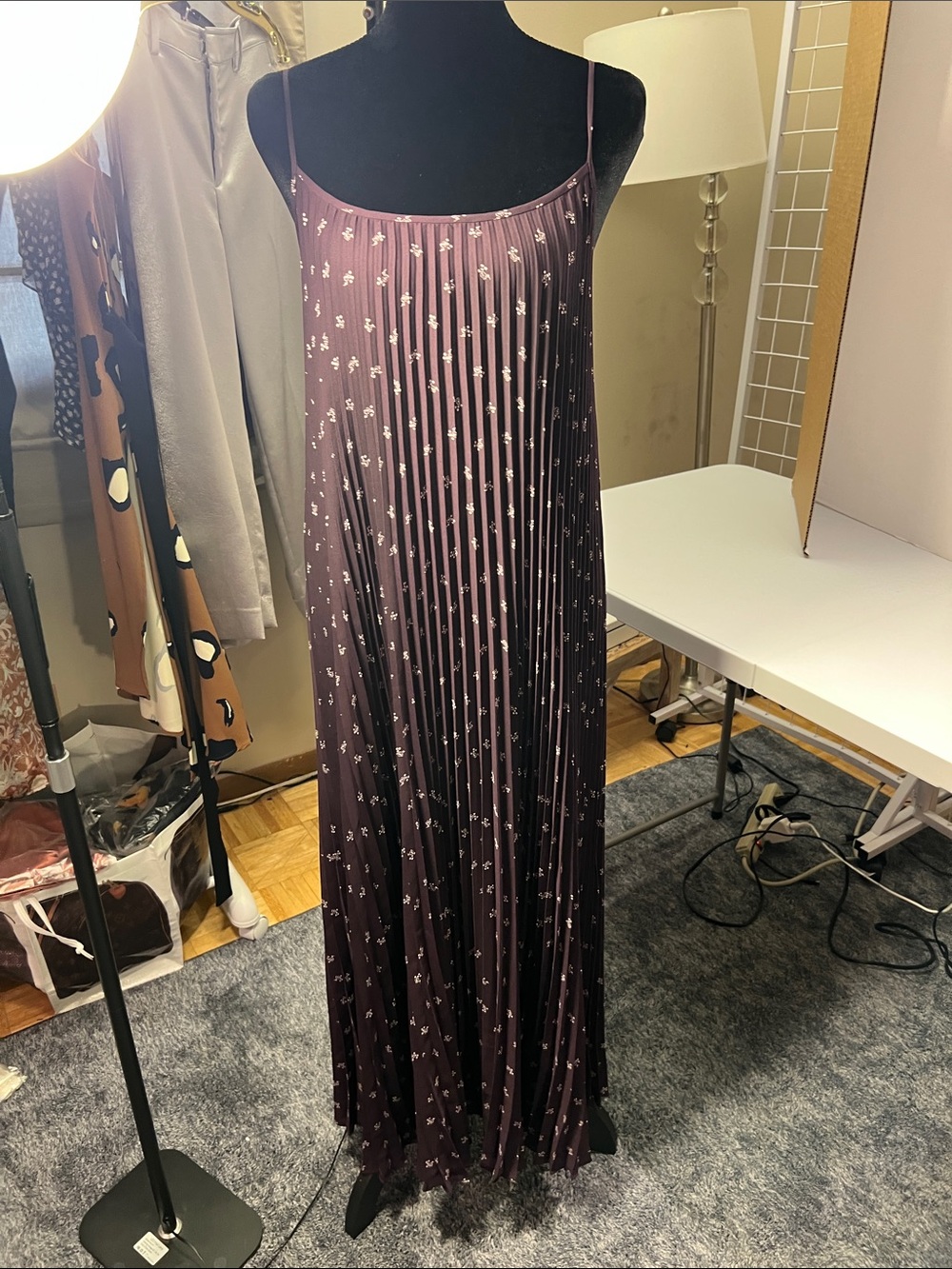 Vince Plum Pleated Floral Slip Maxi Dress